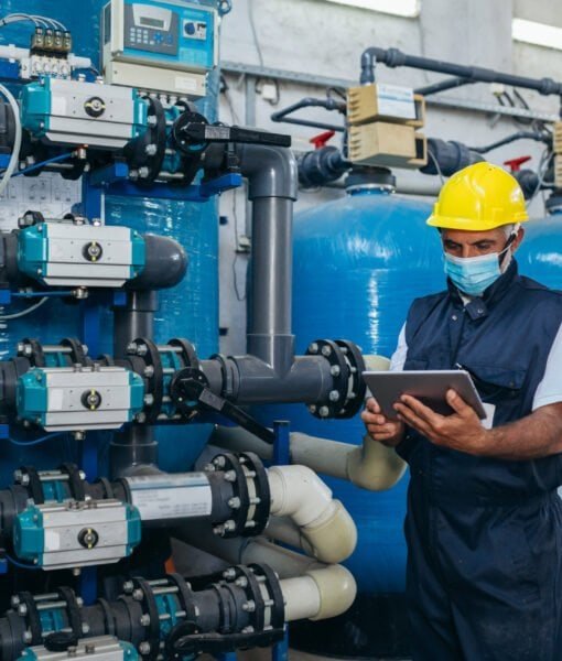 industry worker checking chemical water treatment equipment